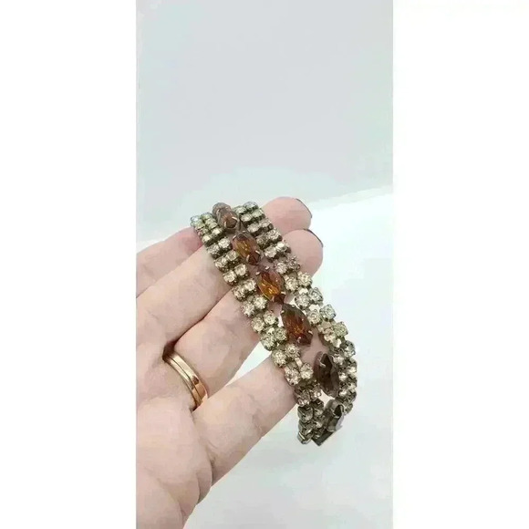 Vintage Bracelet Rhinestone Chunky Wide Wedding Jewelry Juliana Brown Clear - Picture 8 of 9